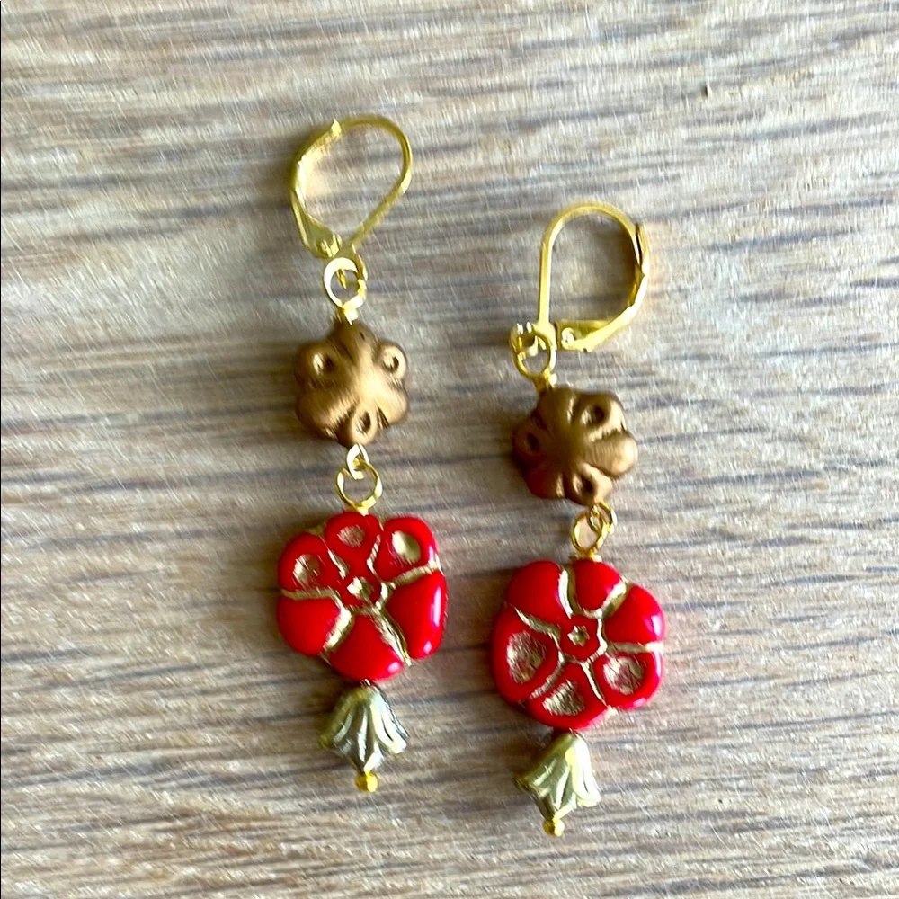 HAND CRAFTED PIERCED EARRINGS Red Gold Bronze Czech Glass Dangling Floral